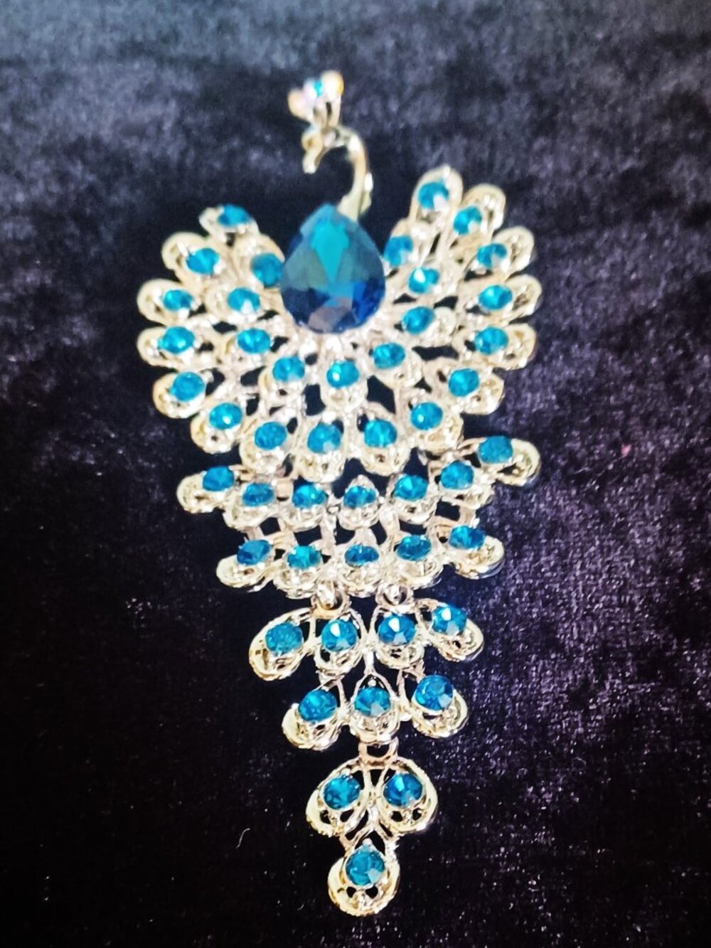 Large 4 Inch Stunning Blue And Silver Peacock Brooch